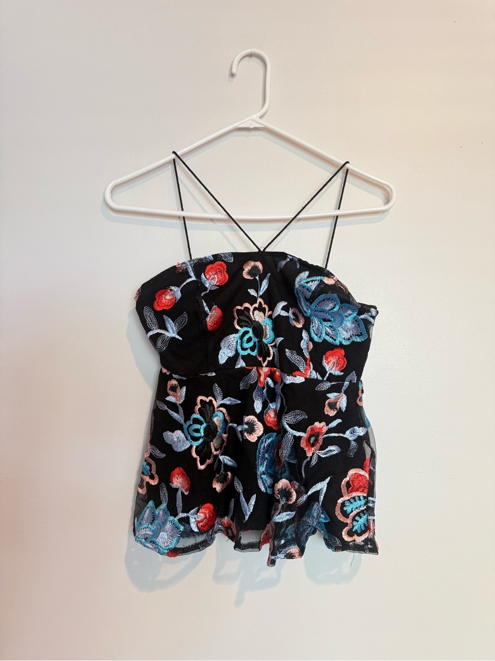 Floral Embroidered Black Strappy Peplum Top